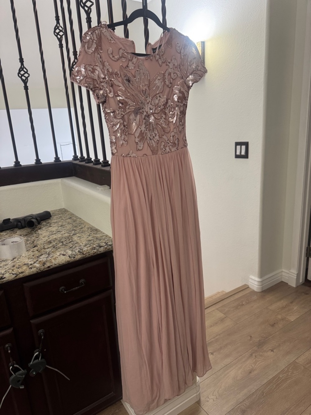 Betsey and Adam Embellished Dusty Rose Evening Gown
